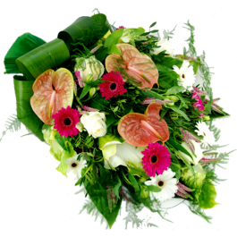 Green pink & white funeral bouquet