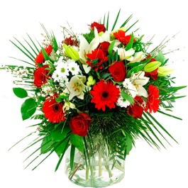 Luxe boeket van witte bloemen met rode rozen